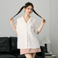 [2.5折价93元]唐狮夏季女翻领爱心刺绣口袋短袖衬衫设计感减龄温柔韩范潮