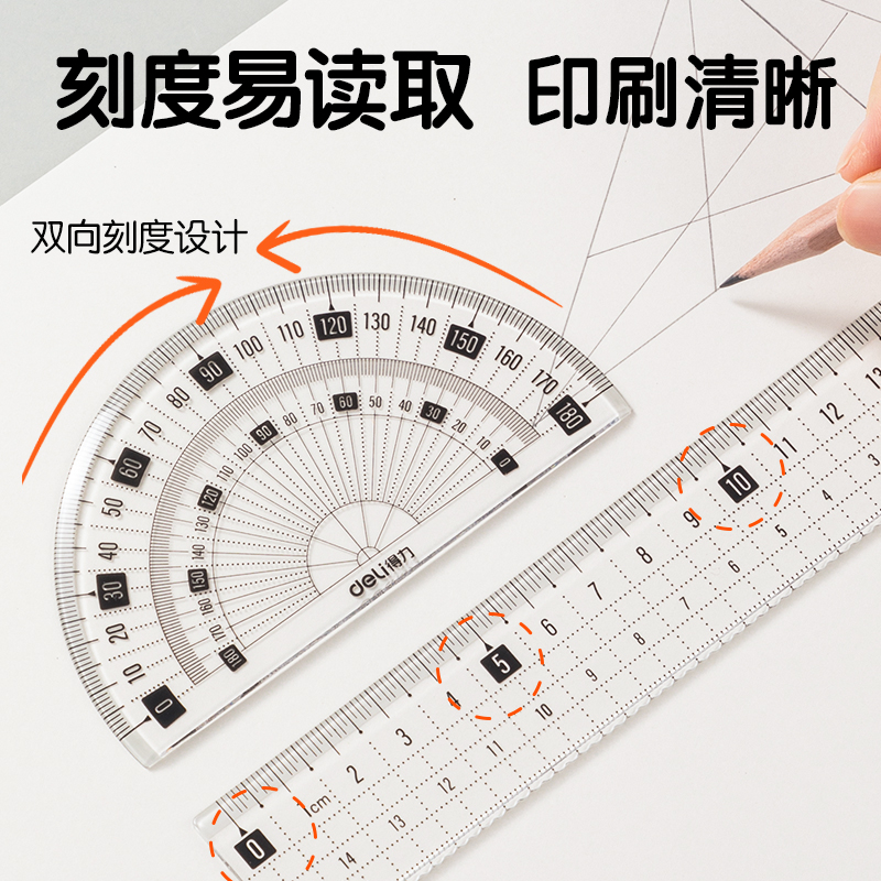 [补贴10%]套尺学生尺子四件套得力三角尺直尺格尺量角器套装透明亚克力材质多规格套装学生用考试几何工具中考推高清大图
