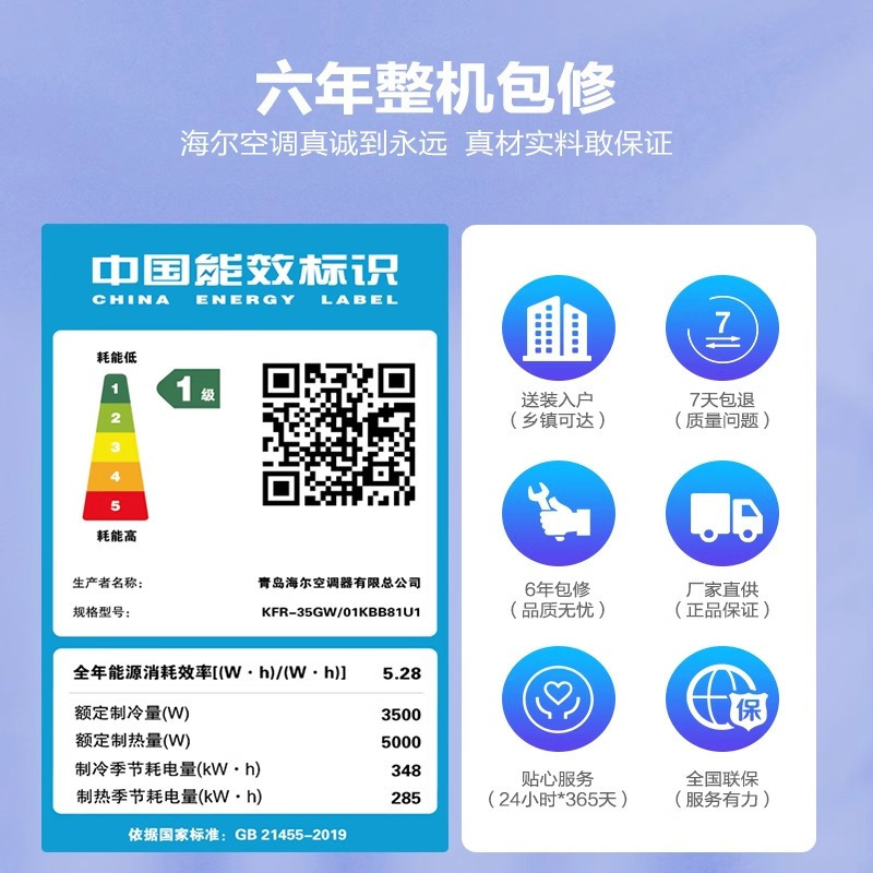 海尔(Haier) 1.5匹空调新一级变频冷暖健康自清洁KFR-35GW/01KBB81U1套机