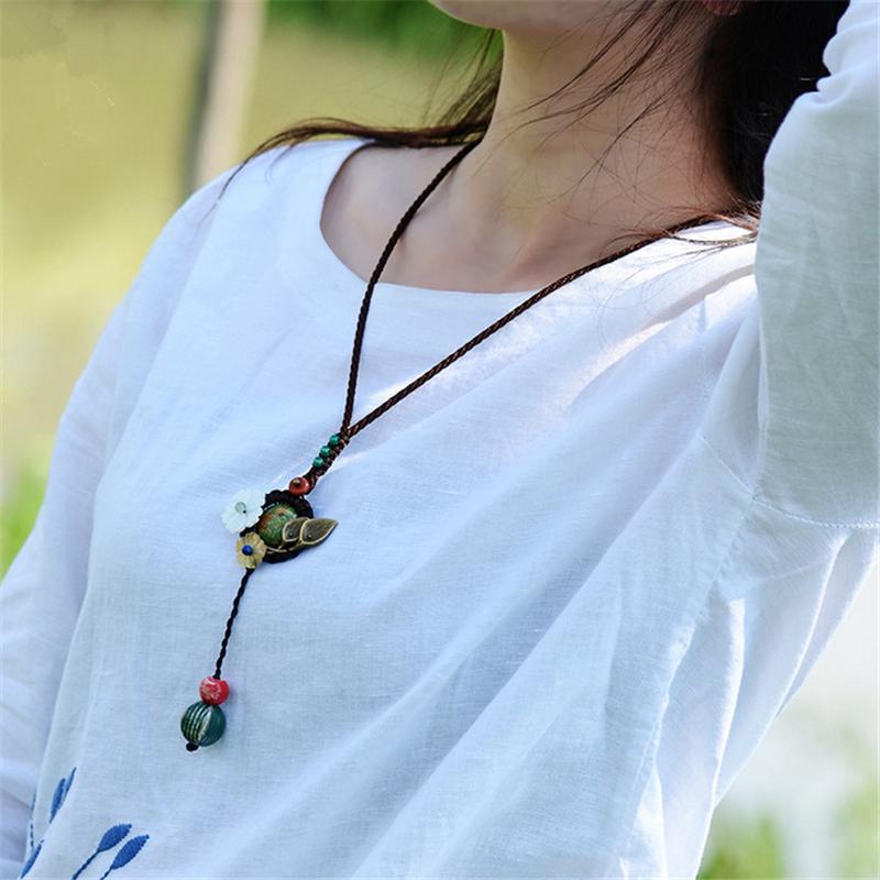 新款项链女服饰链长坠百搭复古民族风贝壳花陶瓷时尚首饰品配饰送女朋友七夕情人节礼物