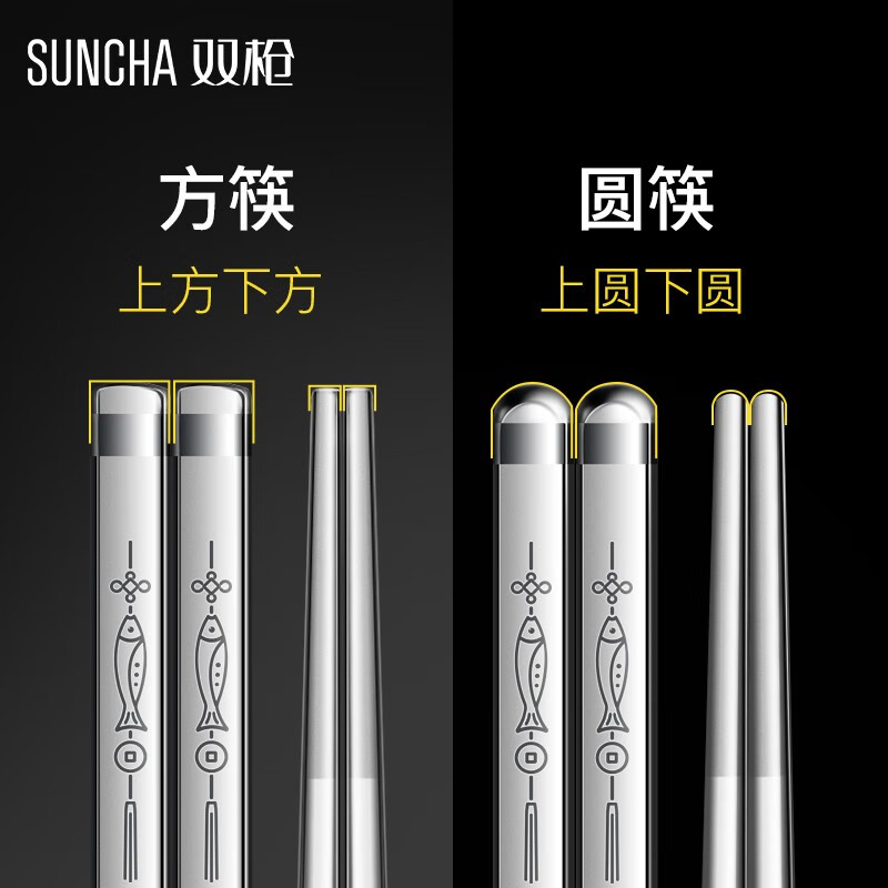 双枪 316不锈钢筷子 家用防滑 金属餐具筷子套装 无漆无蜡快子10双装 316L福寿绵绵圆筷10双装 DK31010高清大图