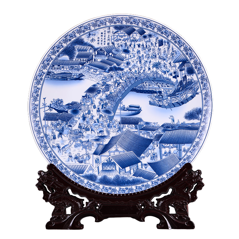 景德镇陶瓷器青花瓷挂盘装饰盘子 清明上河图 中式客厅摆件 大号 三维工匠 26CM青花十二金钗挂盘+龙头架高清大图