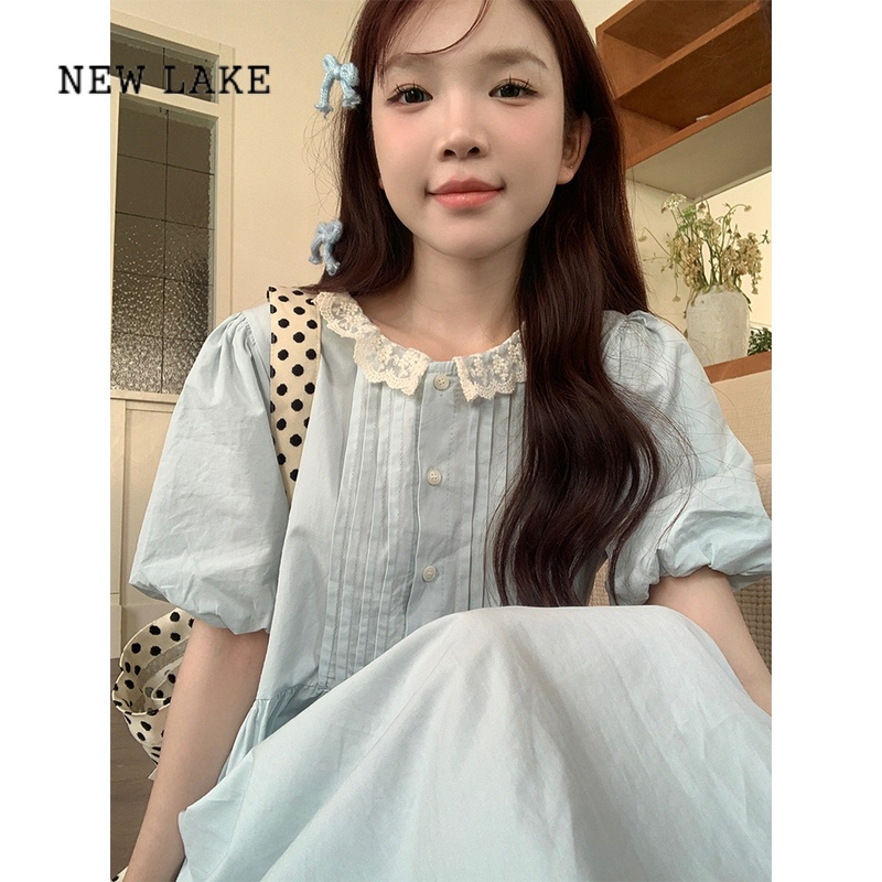 new lake甜美风蕾丝边泡泡袖连衣裙女夏季温柔减龄a字裙压褶长裙