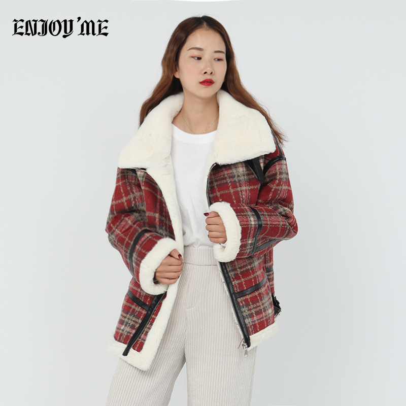 ENJOY’ME女装2019冬季新品英伦复古格纹格子拼皮条短外套