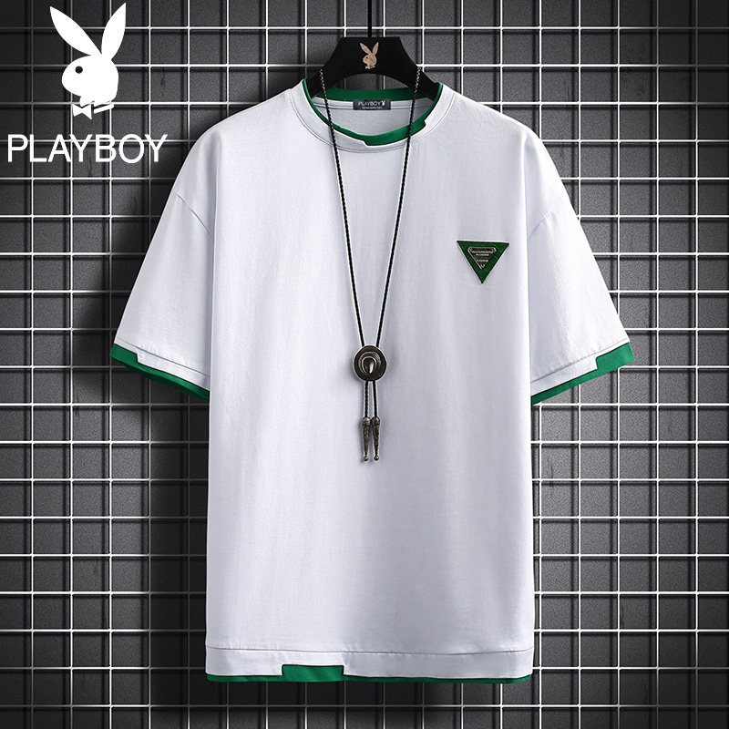 花花公子男士短袖2022夏季新款潮流拼色半袖T恤修身上衣体恤男装
