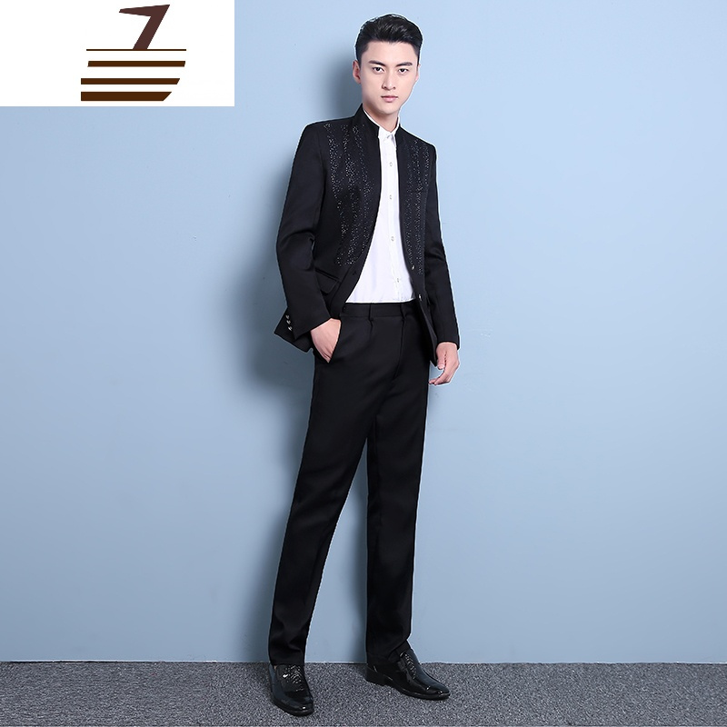 newlake演出服男立领烫钻亮片西服套装舞台歌手主持人服装中国风男士