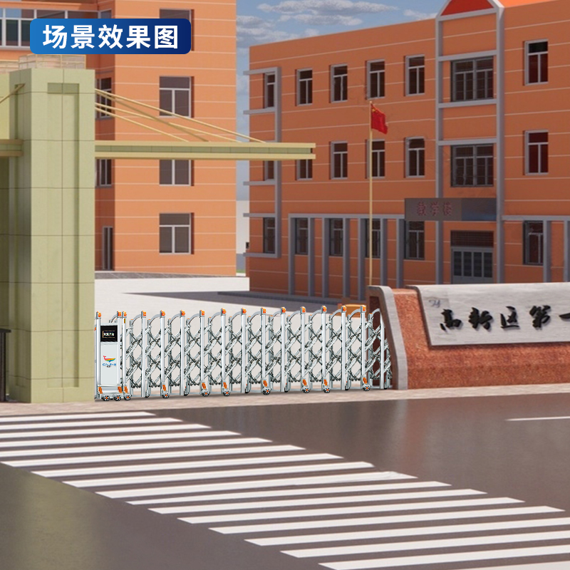 CJ-SSM027 智能不锈钢伸缩门学校小区工厂电动大门推拉门商业办公大门酒店家具电动门高清大图