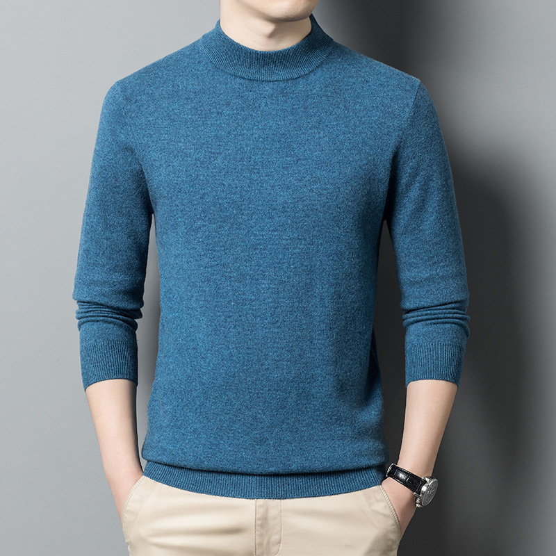 男士羊毛衫冬季新款半高领加厚保暖450克纯色打底针织毛衣男 花灰蓝 L