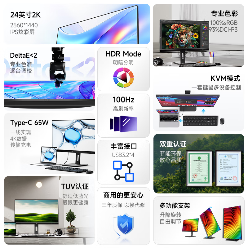 冠捷Q24P2C 23.8英寸 75Hz IPS Type-C 旋转升降 家用设计办公TUV低蓝光显示屏 显示器高清大图