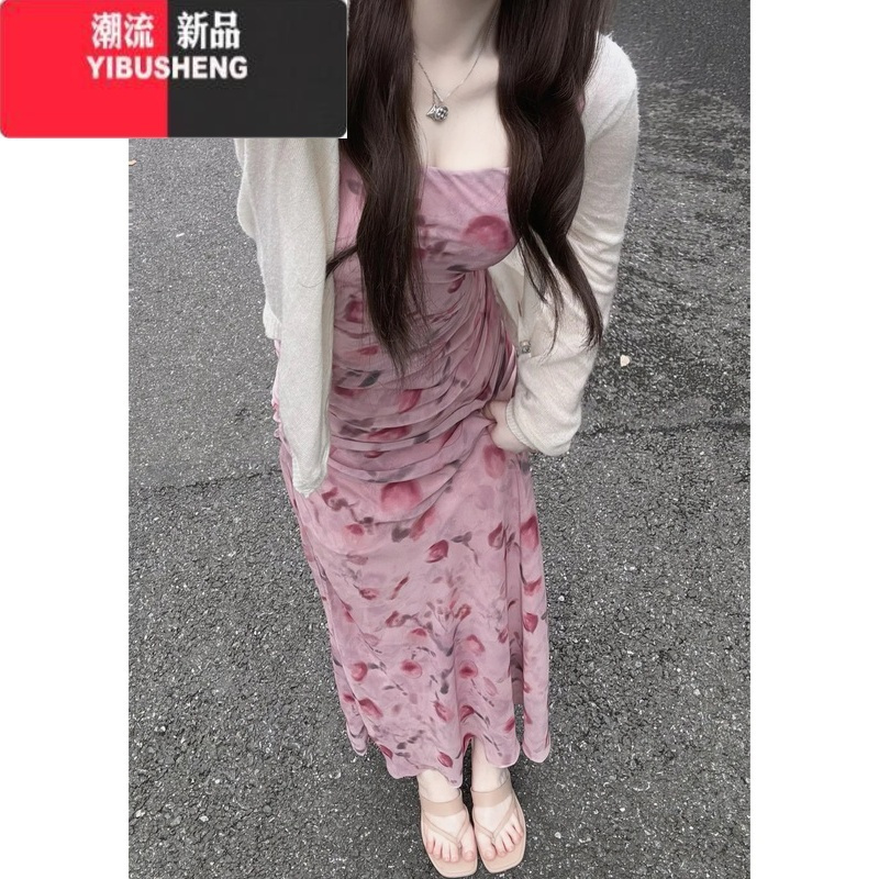 YIBUSHENG法式气质碎花吊带连衣裙女季小个子收腰显瘦海边度假仙女长裙子