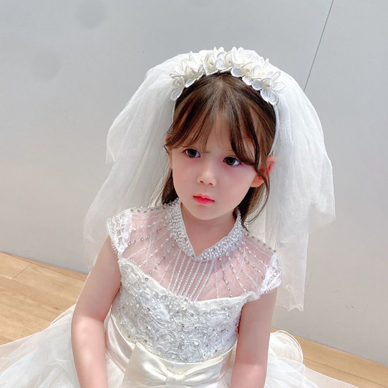 白色珍珠纱带钻皇冠 儿童可爱头纱小女孩皇冠头饰发箍女童头箍长款公主宝宝发卡发饰女