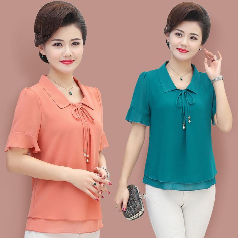 单件套装夏季妈妈装夏装雪纺衫上衣裤子两件套中老年大码女装t恤广赫