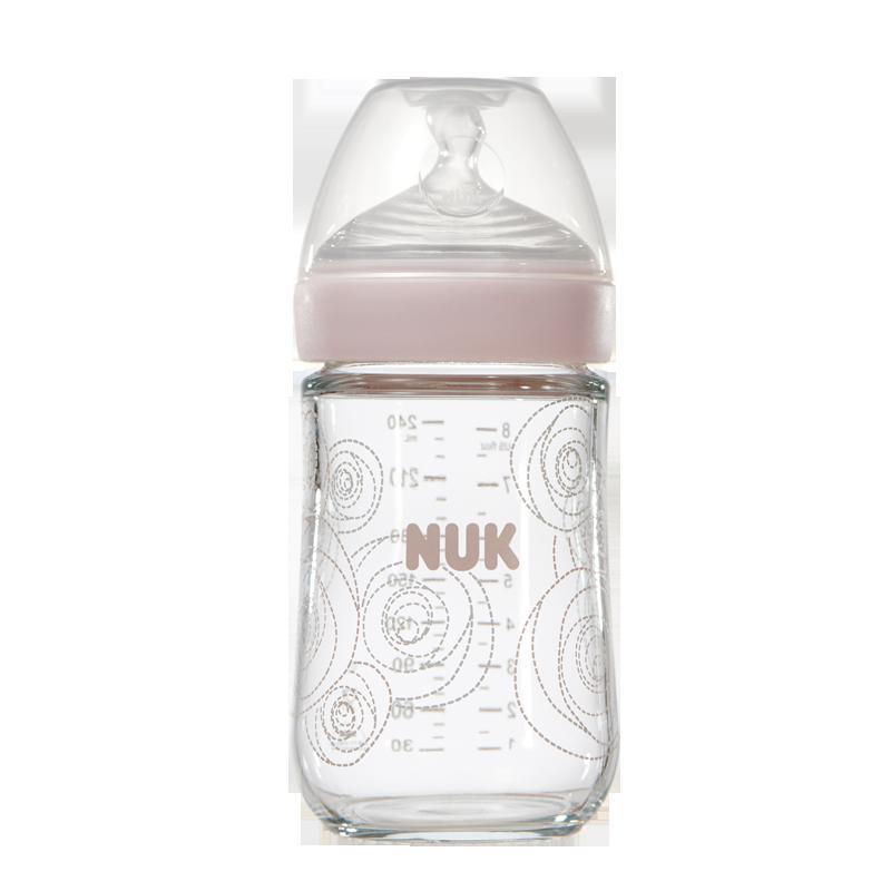 特惠清仓 NUK240ML自然母感宽口玻璃奶瓶(成长型硅胶中号) 颜色随机