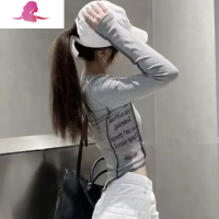 艳如飞灰色字母打底T恤女春新款韩版长袖短款修身运动露脐心机高腰上衣T恤