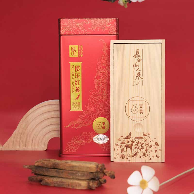 长白山人参模压红参6支模压红参木盒100g*1盒
