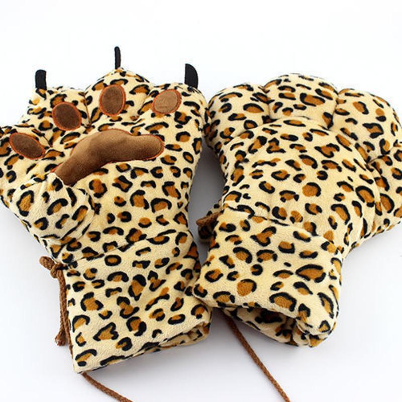 棕色毛绒手套女冬韩版可爱卡通动物爪子加绒加厚保暖熊爪猫爪学生挂脖