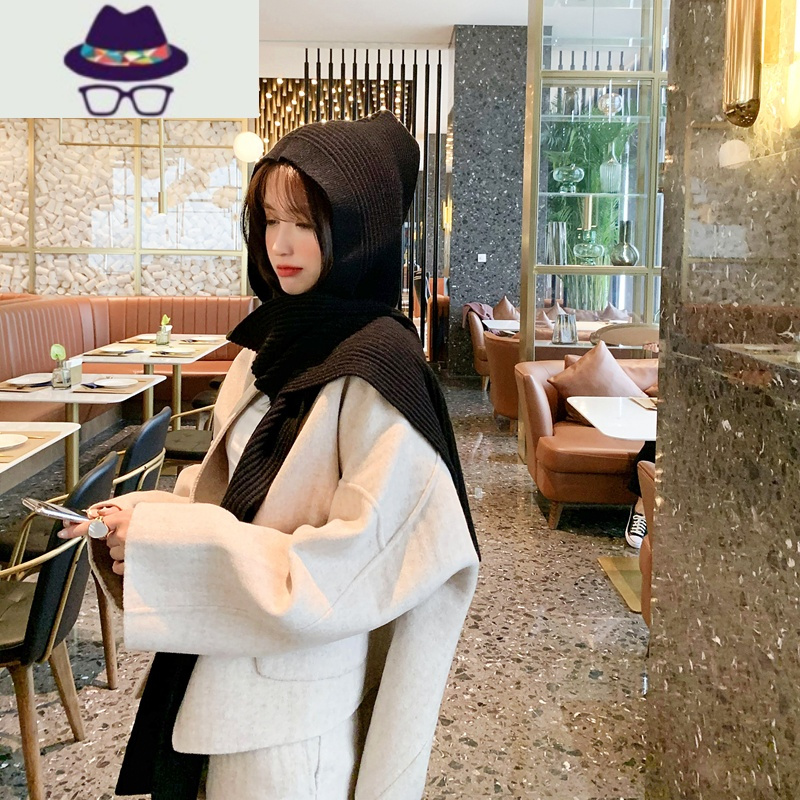 兔绒网红披肩秋冬连帽围脖韩版百搭针织围巾帽子一体女保暖外搭潮 FISH BASKET
