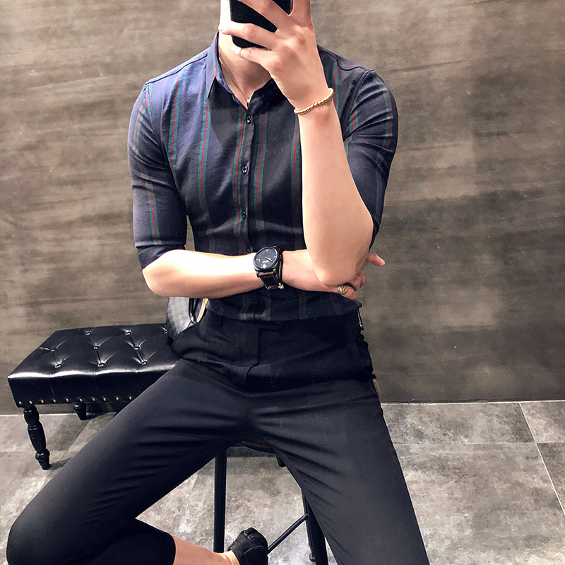 夏季男士韩版修身中袖休闲衬衫雅痞绅士风大条纹帅气五分袖衬衣