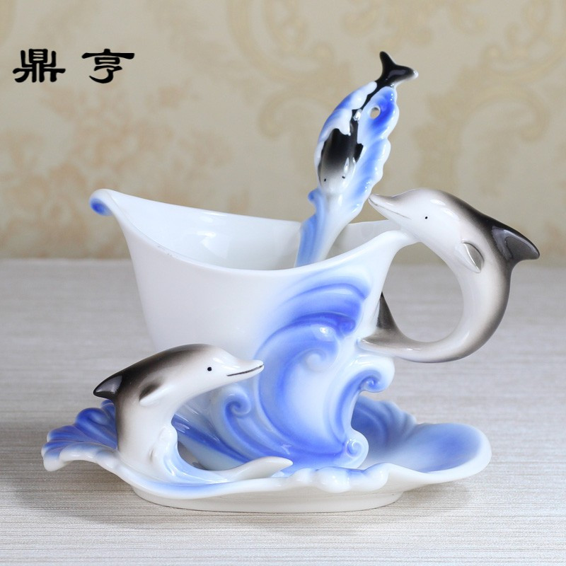 鼎亨珐琅彩陶瓷套装创意海豚欧式咖啡杯子碟勺生日情人教师节