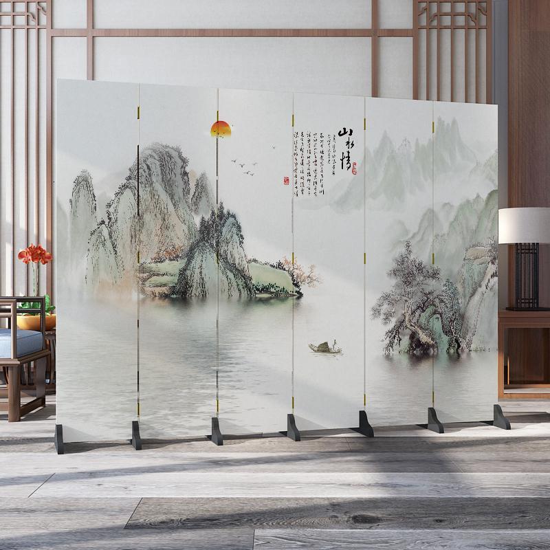 森美人北欧简约屏风隔断墙卧室遮挡家用客厅餐厅折叠移动布艺经济型折屏 玫红色花鸟山水6