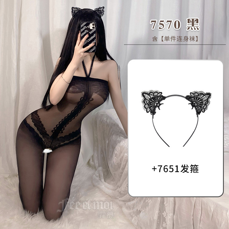 霏慕女式情趣丝袜 女士性感复古挂脖抹胸免脱开档连身袜成人情趣内衣蕾丝套装透视女连体衣连体袜7570