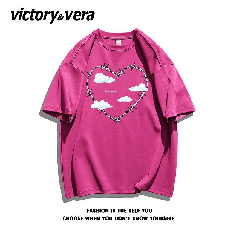 VICTORYVERA盐系纯棉中长款爱心t恤女短袖夏季宽松国潮甜酷上衣服