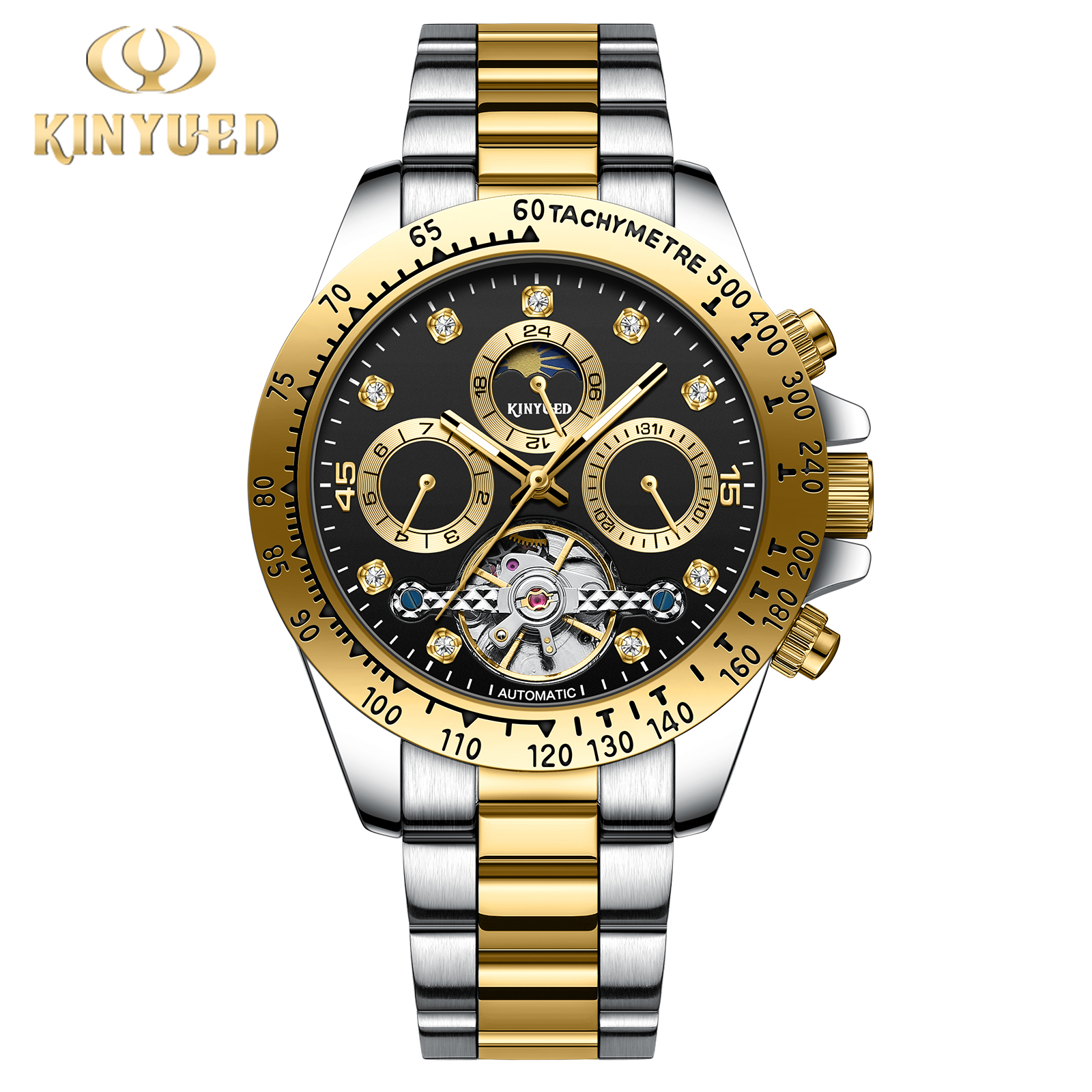 KINYUED全自动机械手表夜光机械表多功表男士手表商务男表钻石表高清大图