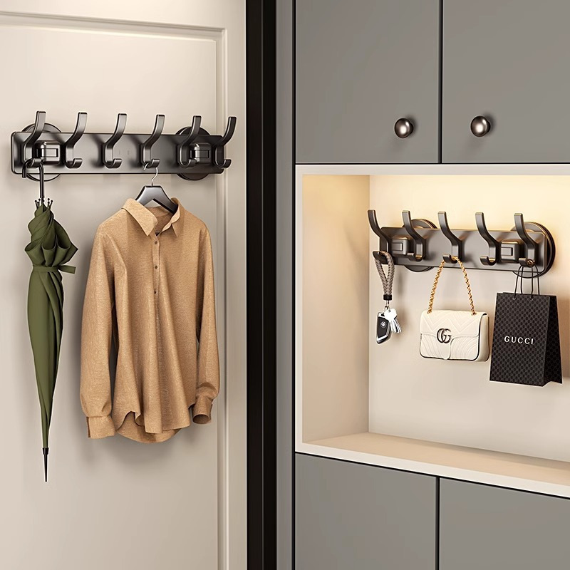 挂钩吸盘式免打孔入户玄关门后挂衣钩卫生间浴室墙上壁挂式排钩 [吸盘式]枪灰凤尾8钩高清大图
