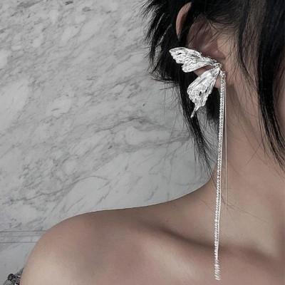 银色耳环[一对耳环] 超仙ins冷淡风金属褶皱高级感精灵流苏链条蝴蝶翅膀耳环耳饰耳钉