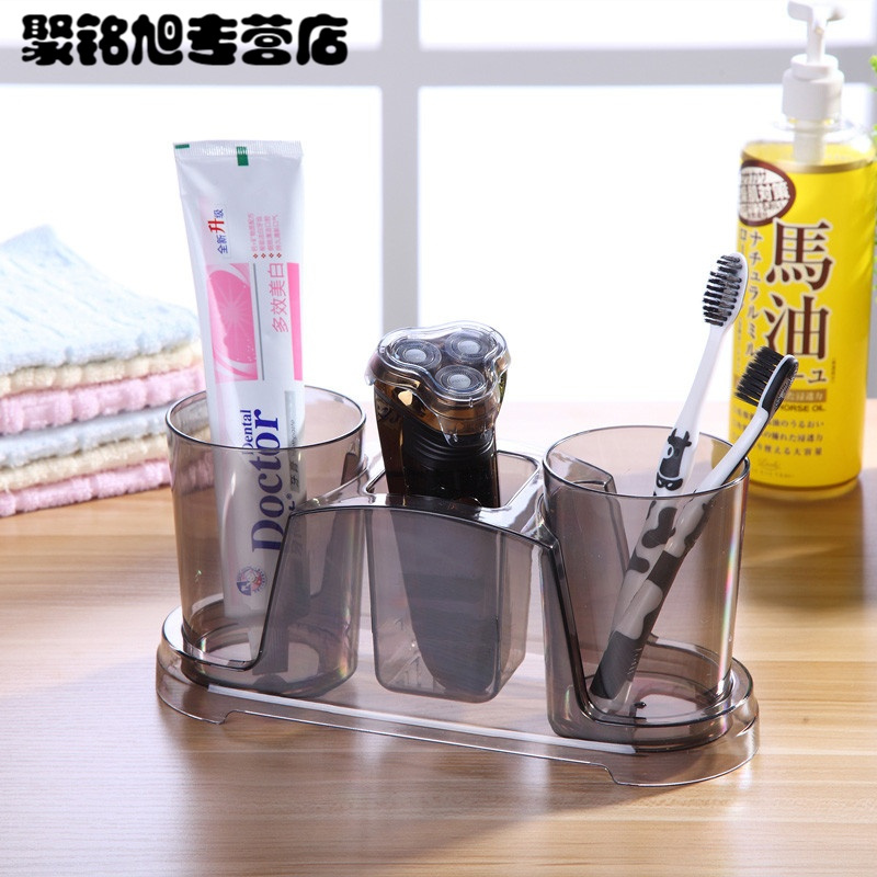 创意牙刷架漱口杯套装浴室置物架情侣牙筒家用洗漱刷牙杯牙具座-透明黑(双杯款)