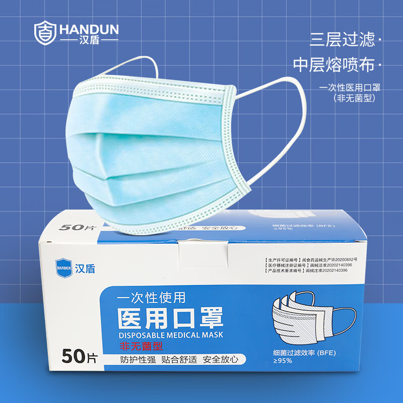 汉盾(HANDUN) 三层蓝色一次性口罩 防尘透气防飞沫(非灭菌型)50只装
