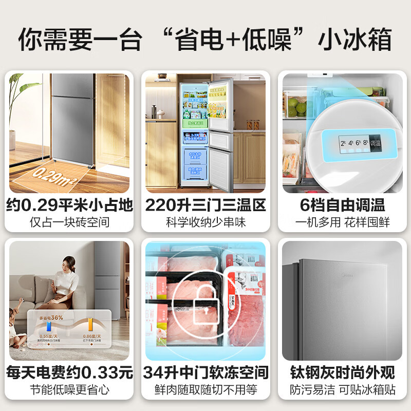 美的(Midea)220升三门三温租房家用客厅宿舍小型冰箱三开门节能省电低音运行以旧换新BCD-220TM[国家补贴]高清大图