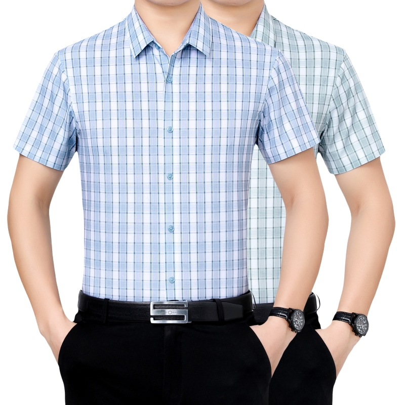罗曼阿玛尼男装官方旗舰店2021新款品牌男士衬衣格子休闲百搭立领商务短袖衬衫男B221-78028