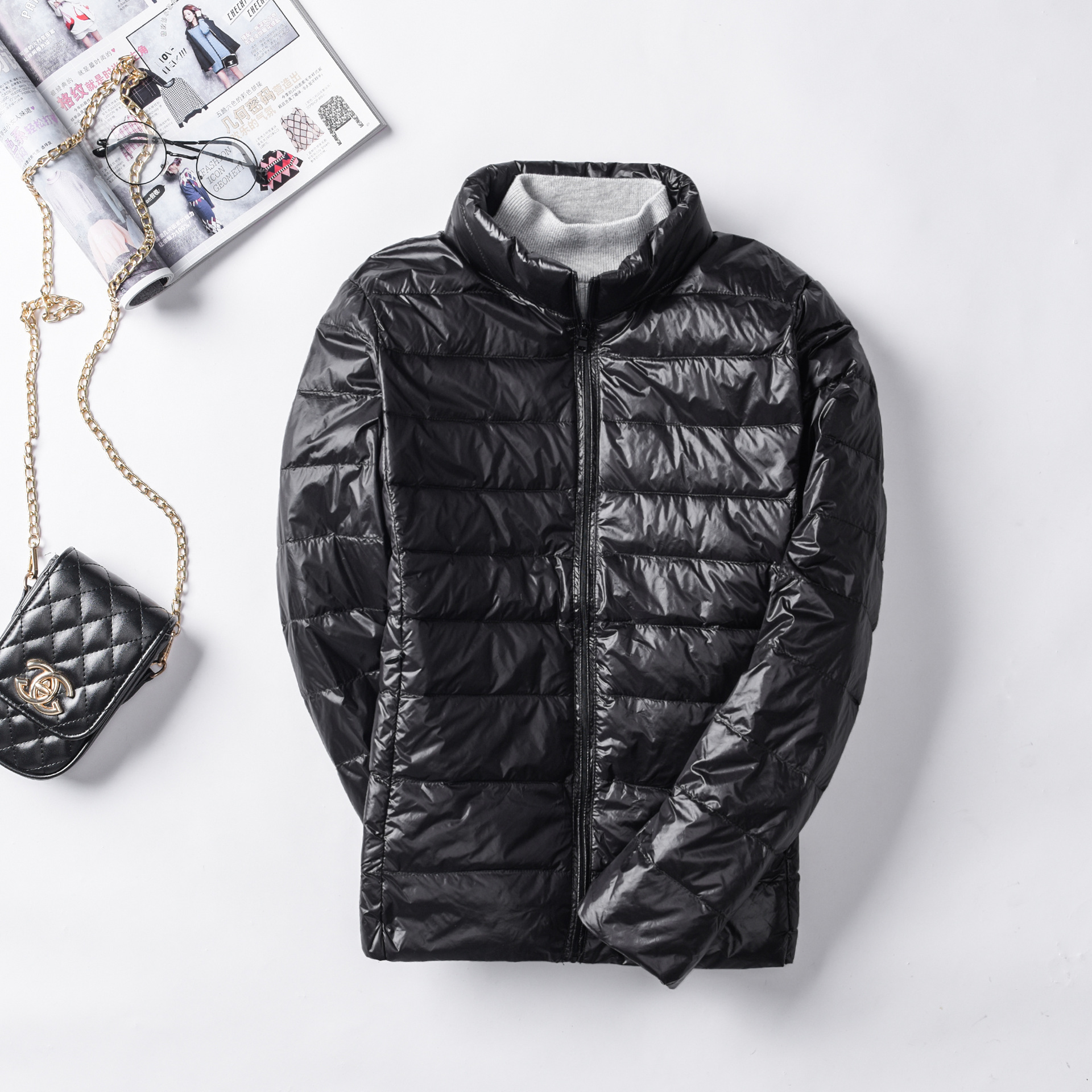 女式简约羽绒纯色女立领女装轻薄款羽绒服女士加大码_745402 黑色 6XL