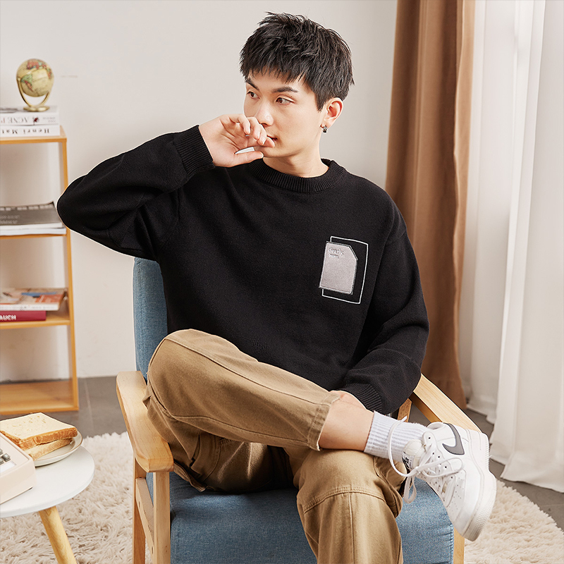 [1.5折价77元]唐狮冬季新款男士圆领毛衣潮流拼接款男毛衫宽松百搭潮流长袖