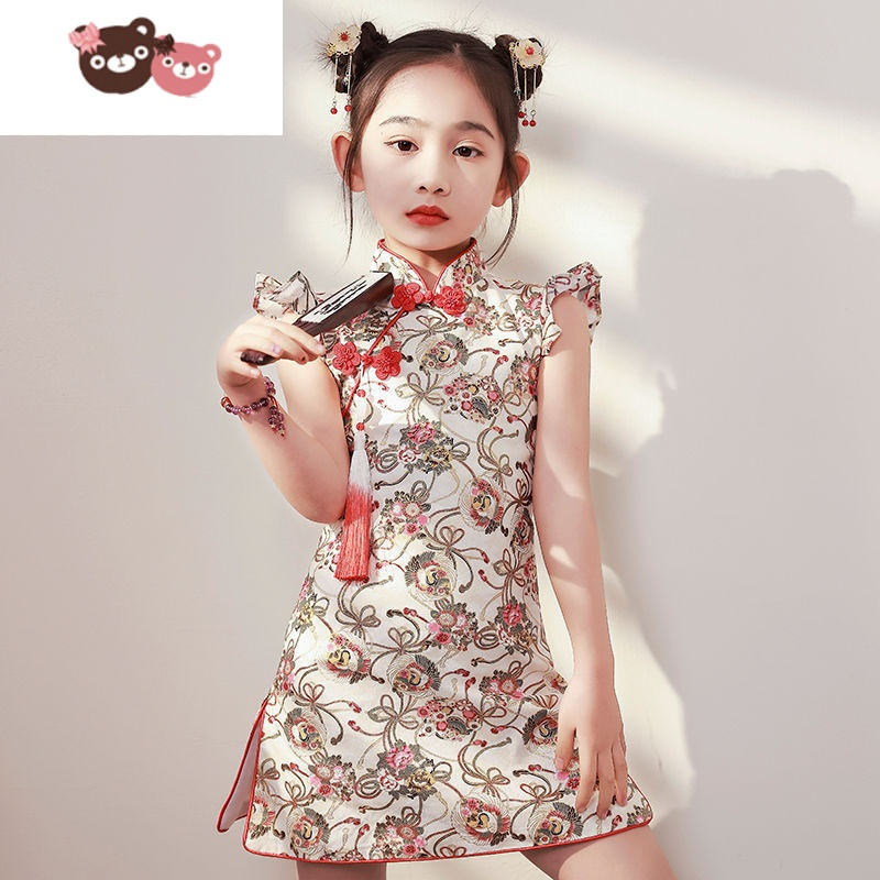 绿彩虹光女童旗袍夏季薄款中国风童装连衣裙夏国潮中大儿童旗袍女2022