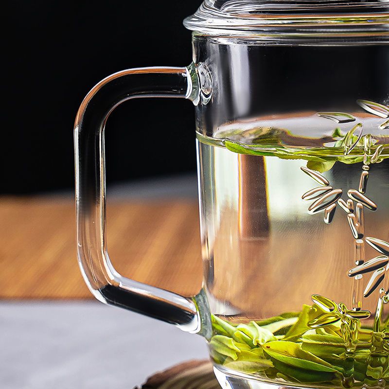 老干部公道玻璃杯子茶壶泡茶泡茶杯办公水杯男带把家用喝水杯客厅 380ML-茶饮杯[刻花-菊花]