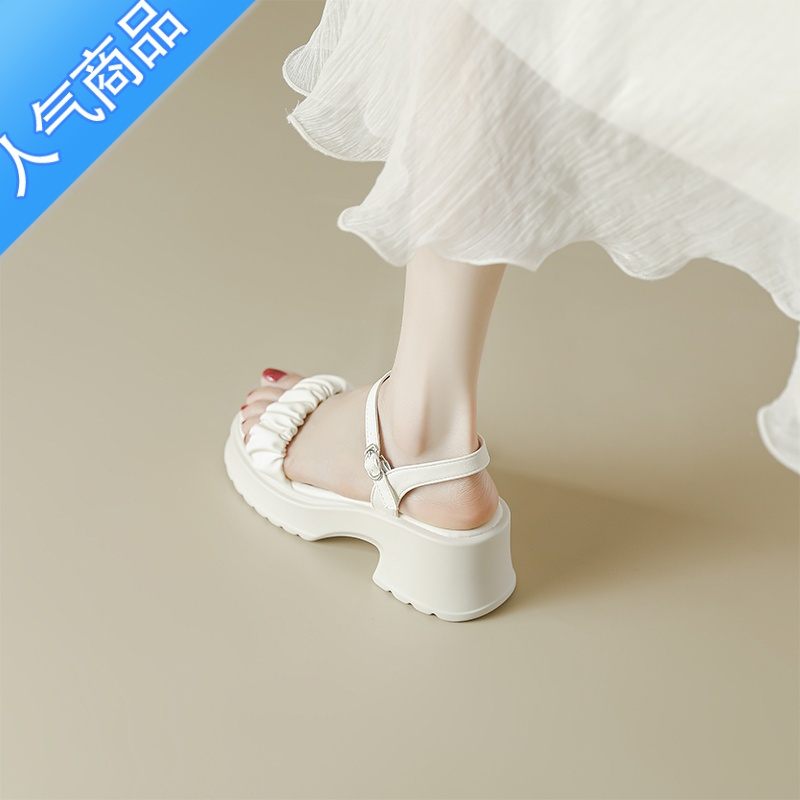 suntek厚底凉鞋女2023夏季新款百搭白色小码33粗跟一字带罗马高跟鞋