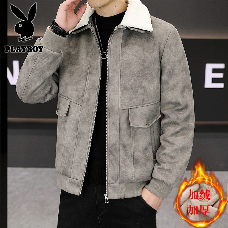 花花公子新款脏脏布男士冬季加绒加厚外套时尚个性百搭夹克高清大图