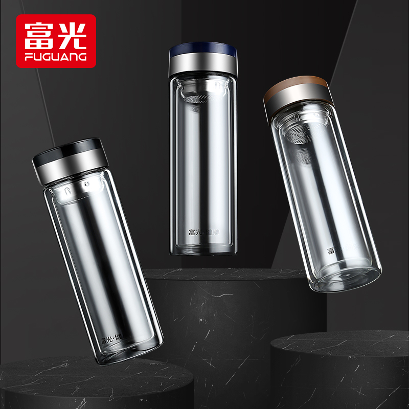 富光双层玻璃杯男女士隔热办公水杯带滤网茶隔便携茶水杯 320ml