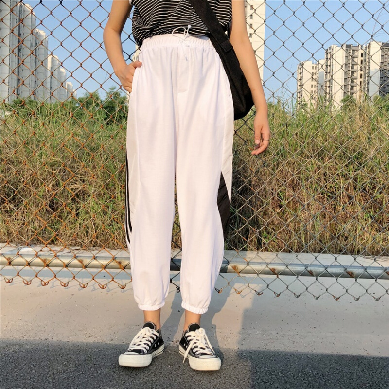 夏季女装宽松显瘦束脚织带拼接休闲裤高腰哈伦裤九分裤学生裤子潮灰色均码