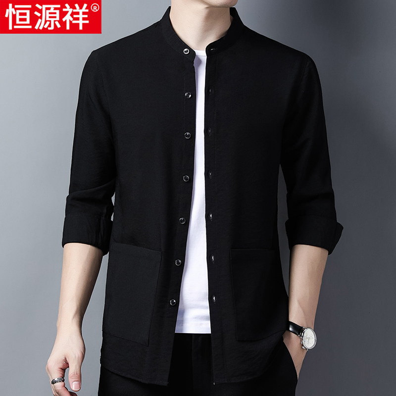 恒源祥中山装立领衬衫男长袖中国风宽松中老年父亲多口袋衬衣源衬高清大图