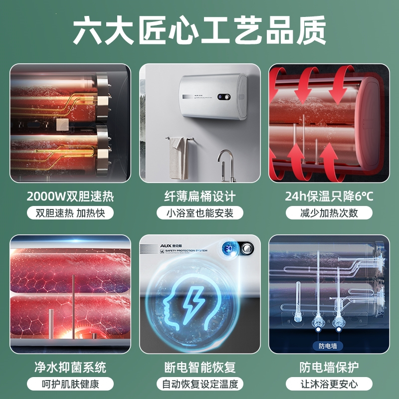 AUX/奥克斯电热水器家用卫生间洗澡储水式速热超薄扁桶双胆40L50升80_新白色八十升纤薄扁桶自行安装