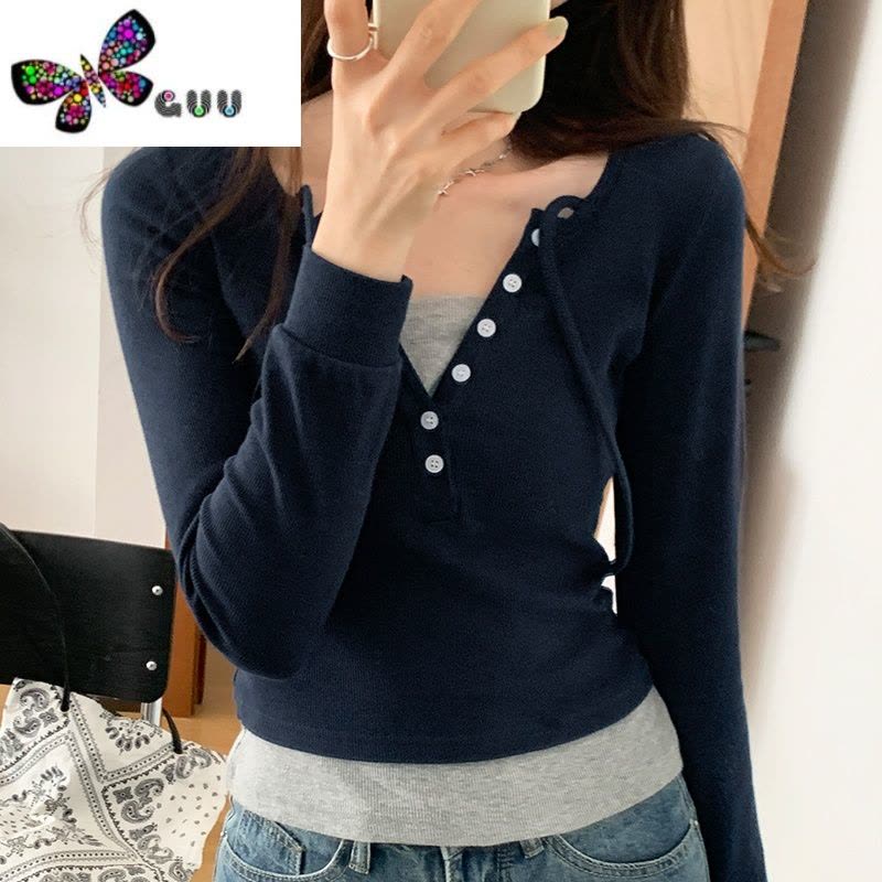 语娄独特假两件t恤女拼色V领挂脖短上衣秋季修身美式辣妹chic打底长袖图片
