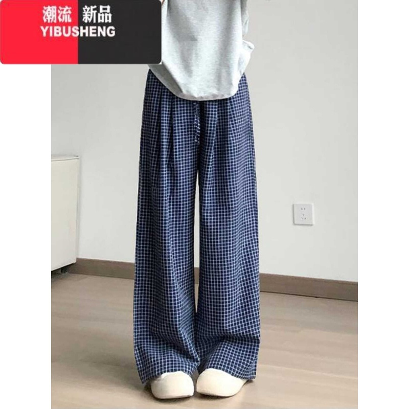 YIBUSHENG大码蓝色格子裤子女季薄款2024新款高腰垂感休闲复古直筒阔腿裤