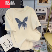 YIBUSHENG美式蝴蝶印花白色短袖t恤2024季新款女装体恤宽松上新 M110-130斤 杏色单色蝴蝶