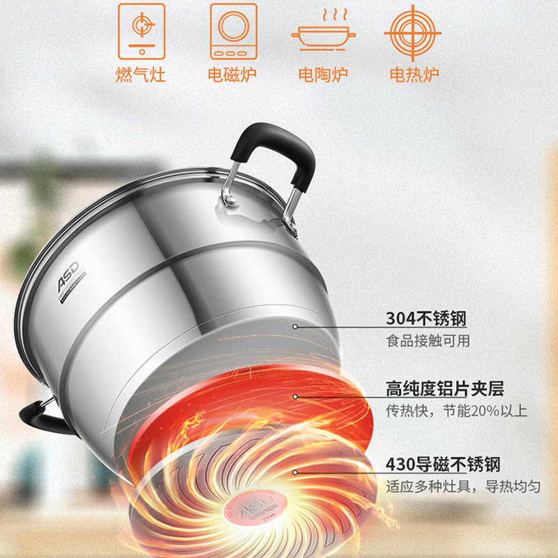 爱仕达 蒸锅 不串味定时三层蒸锅304不锈钢复底蒸锅明火通用 ZS30D1Q