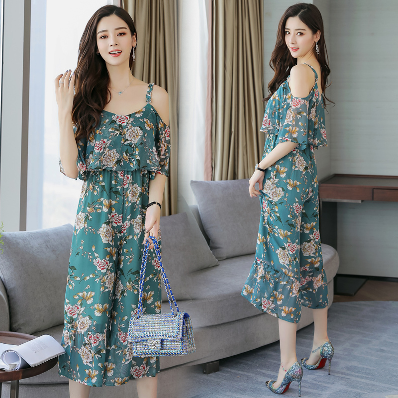 时尚阔腿裤夏高腰性感带连体裤女女士夏新品韩版沙滩碎花雪纺潮