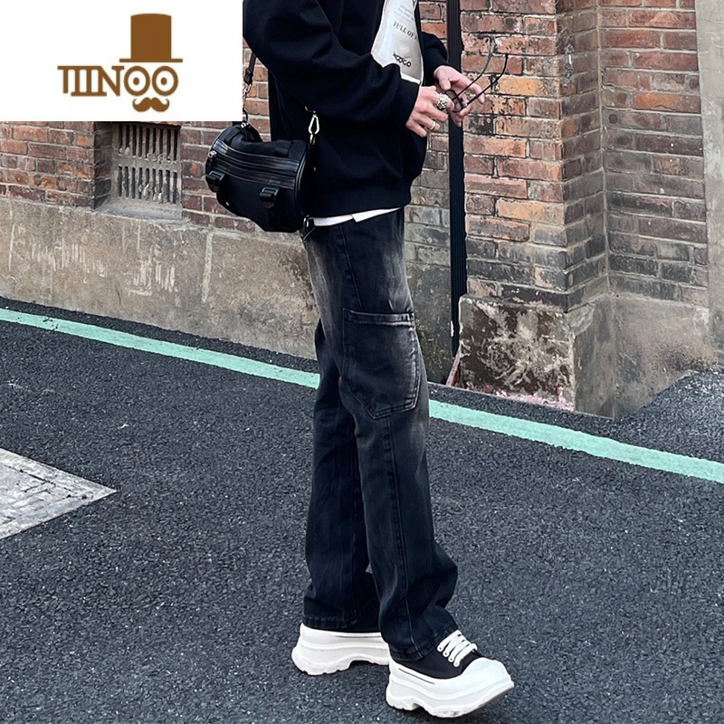 YANXU美式高街牛仔裤男秋季小众常规宽松直筒侧口袋修身男款潮牌裤子