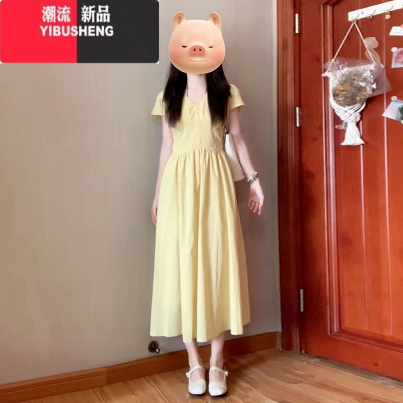 YIBUSHENG法式气质黄色v领短袖连衣裙子女季2024新款微胖mm遮肉显瘦长裙图片
